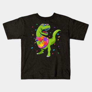 T Rex Dinosaur Autism Awareness Puzzle Piece Kids T-Shirt